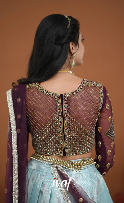 Amethyst Aari Handworked Bridal Lehenga - Pastel Blue and Wine Half Sarees