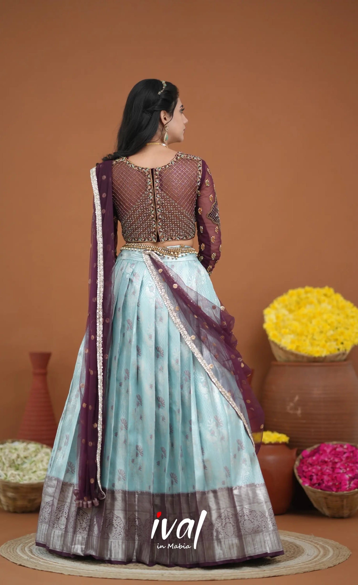 Amethyst Aari Handworked Bridal Lehenga - Pastel Blue and Wine Half Sarees
