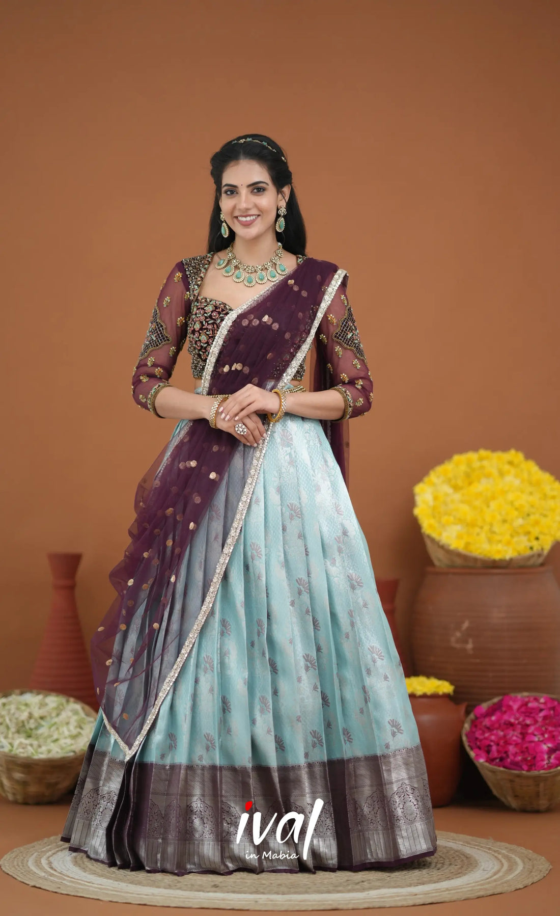 Amethyst Aari Handworked Bridal Lehenga - Pastel Blue and Wine Half Sarees