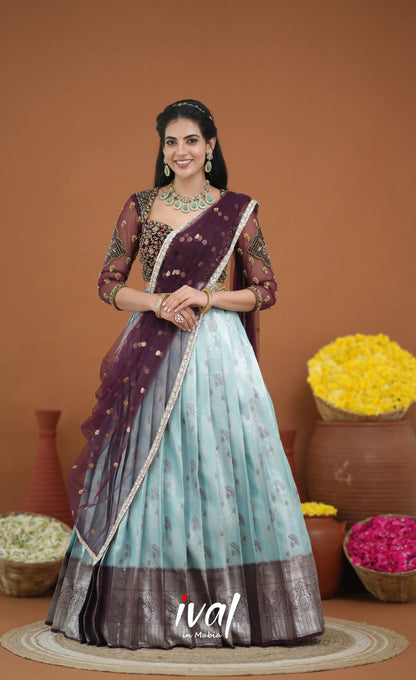 Amethyst Aari Handworked Bridal Lehenga - Pastel Blue and Wine Half Sarees