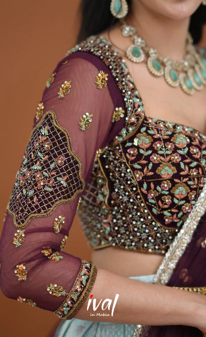 Amethyst Aari Handworked Bridal Lehenga - Pastel Blue and Wine Half Sarees
