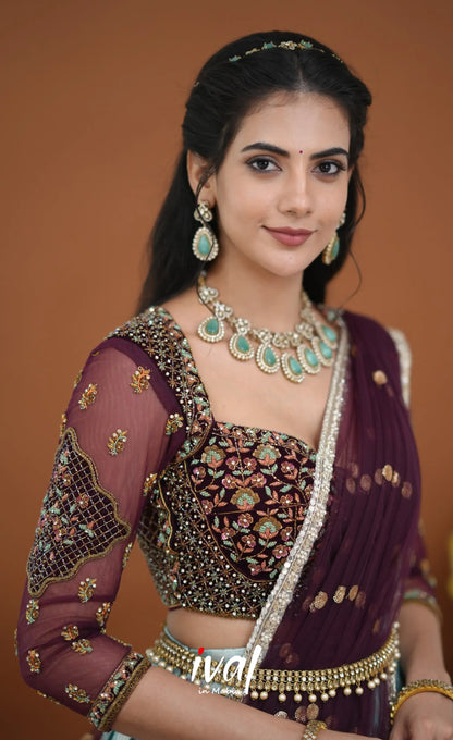 Amethyst Aari Handworked Bridal Lehenga - Pastel Blue and Wine Half Sarees
