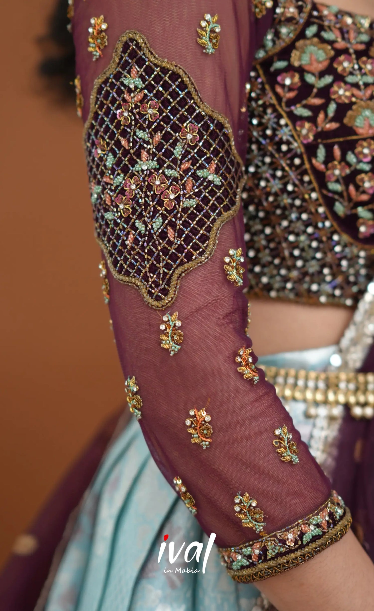 Amethyst Aari Handworked Bridal Lehenga - Pastel Blue and Wine Half Sarees