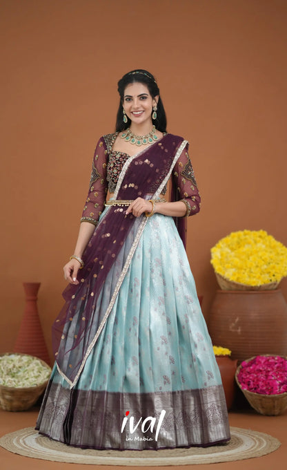 Amethyst Aari Handworked Bridal Lehenga - Pastel Blue and Wine Half Sarees