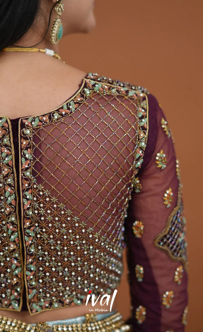 Amethyst Aari Handworked Bridal Lehenga - Pastel Blue and Wine Half Sarees