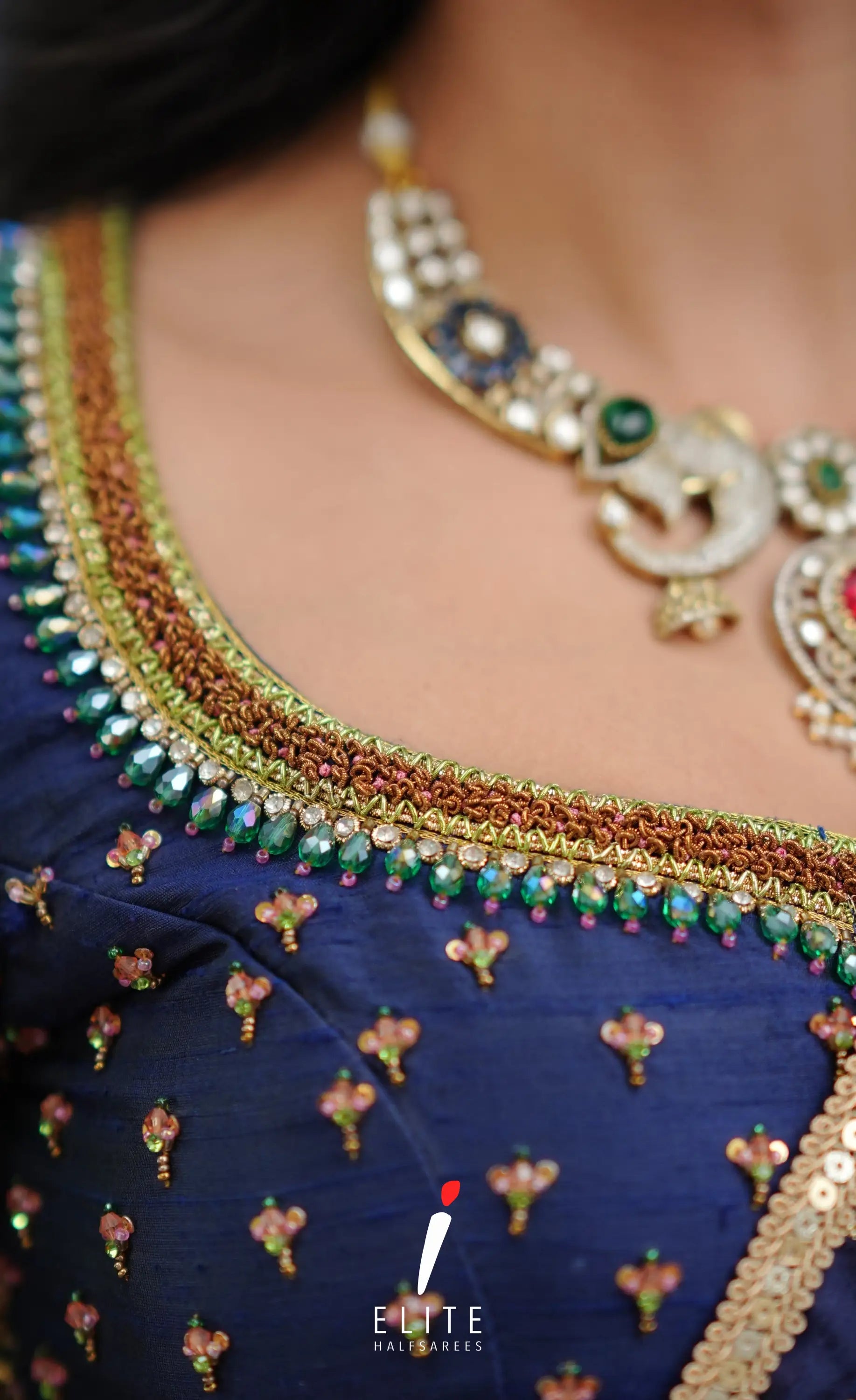 Amethyst Aari Handworked Bridal Lehenga - Pista green and Dark blue Half Sarees