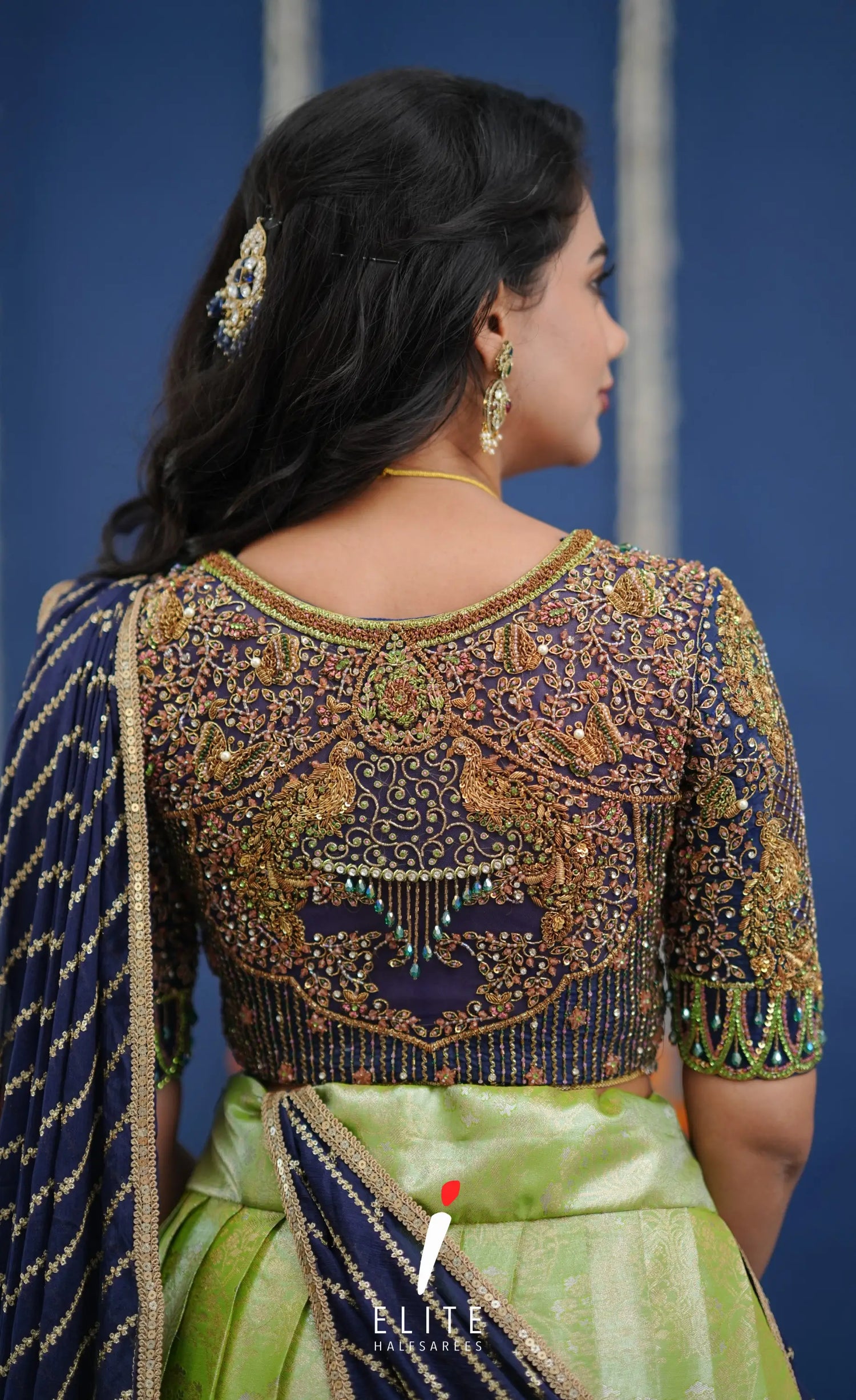 Amethyst Aari Handworked Bridal Lehenga - Pista green and Dark blue Half Sarees