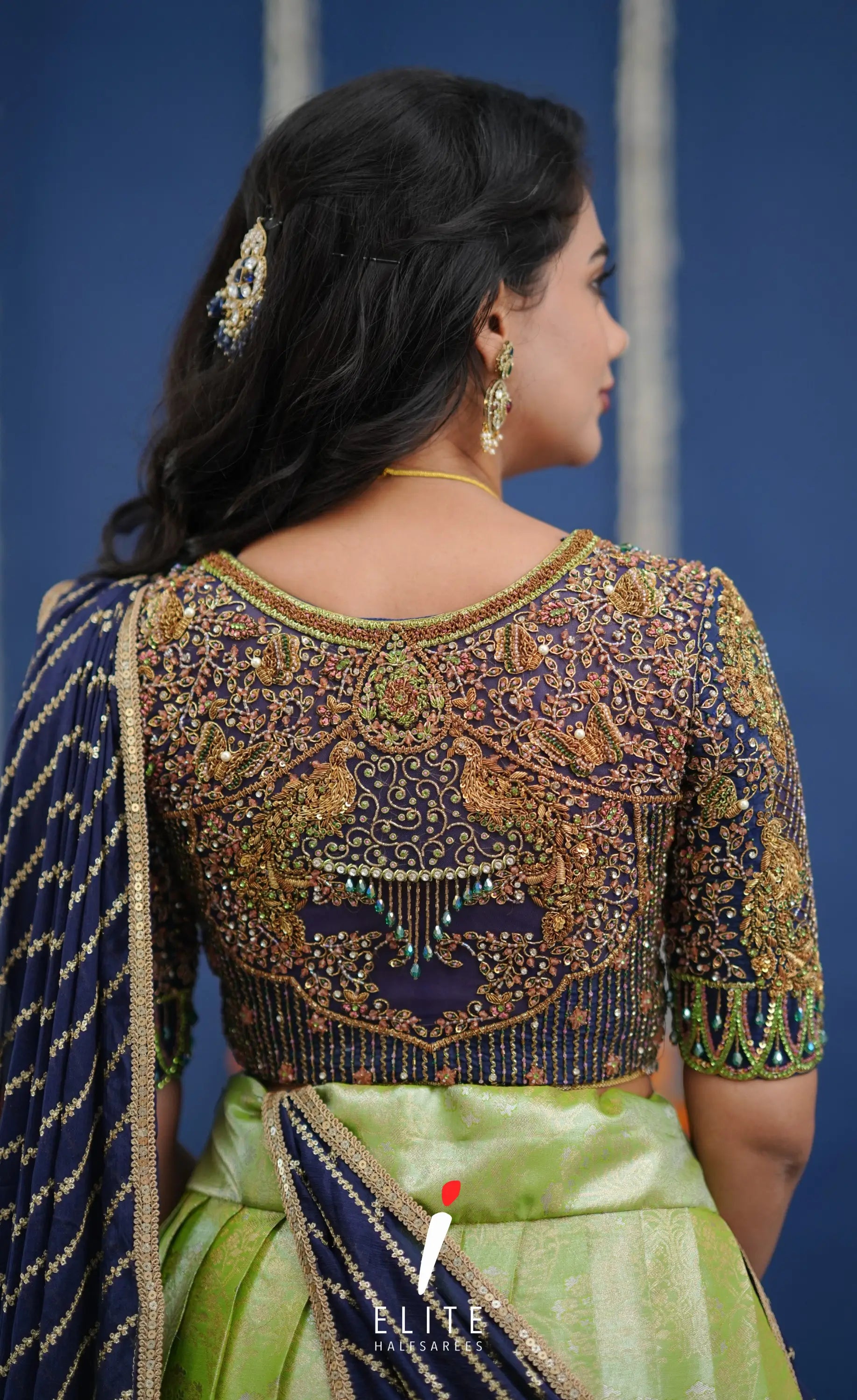 Amethyst Aari Handworked Bridal Lehenga - Pista green and Dark blue Half Sarees