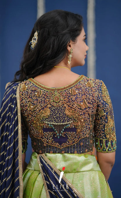 Amethyst Aari Handworked Bridal Lehenga - Pista green and Dark blue Half Sarees