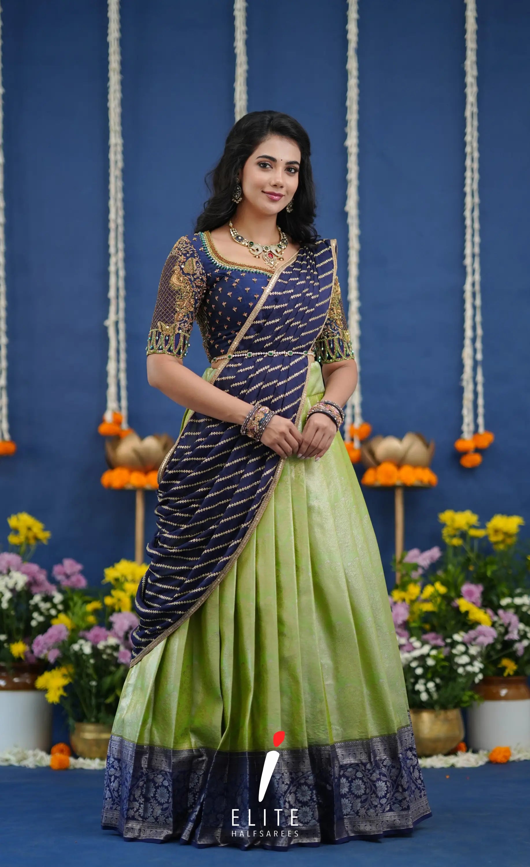 Amethyst Aari Handworked Bridal Lehenga - Pista green and Dark blue Half Sarees