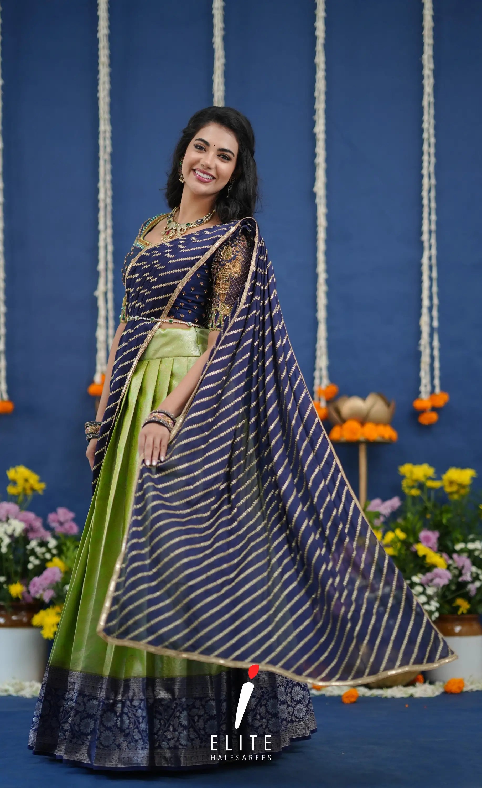 Amethyst Aari Handworked Bridal Lehenga - Pista green and Dark blue Half Sarees