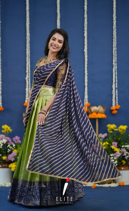 Amethyst Aari Handworked Bridal Lehenga - Pista green and Dark blue Half Sarees