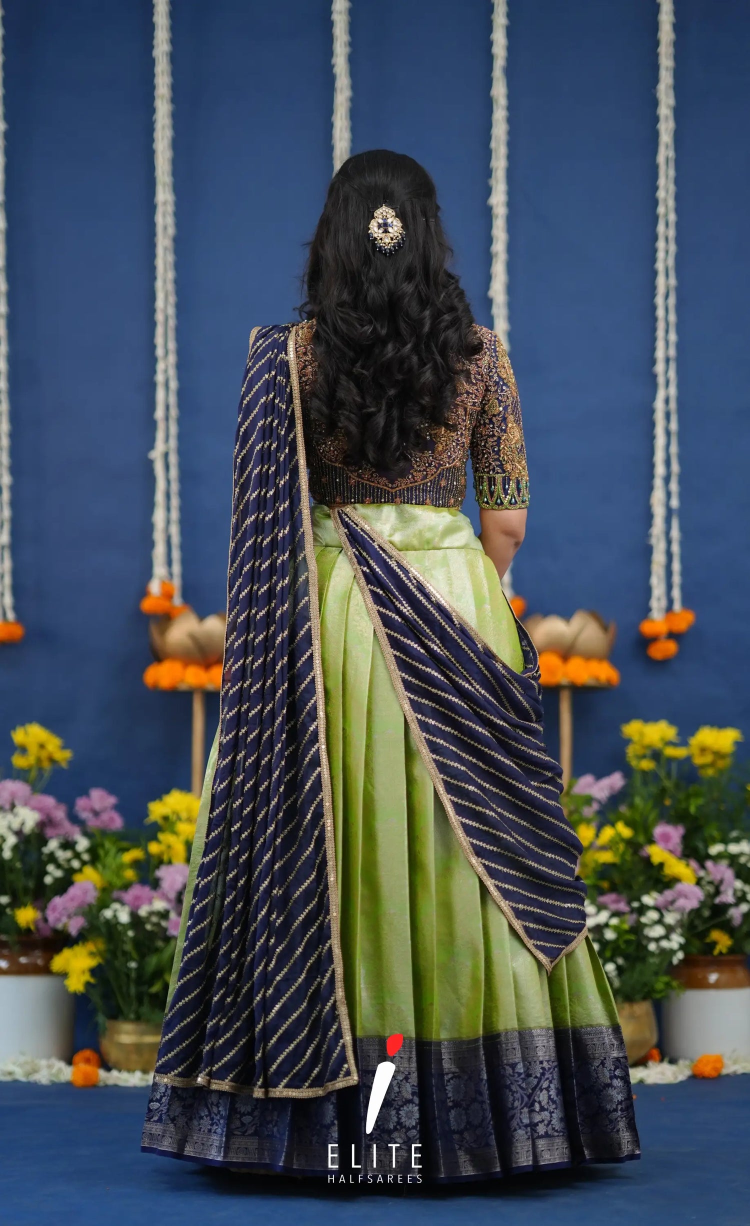 Amethyst Aari Handworked Bridal Lehenga - Pista green and Dark blue Half Sarees