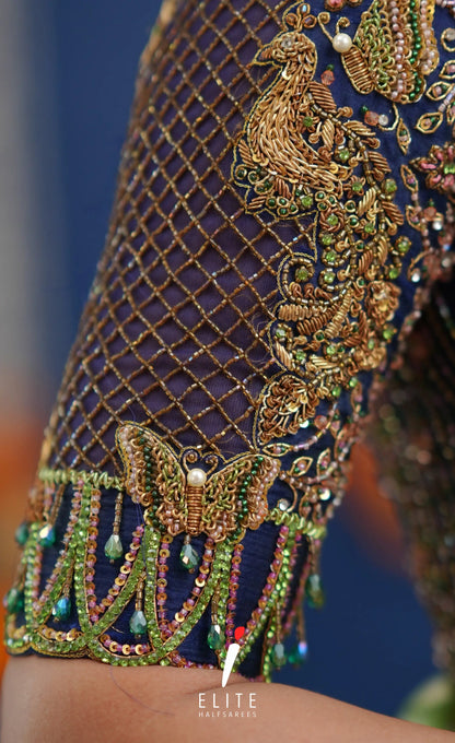 Amethyst Aari Handworked Bridal Lehenga - Pista green and Dark blue Half Sarees