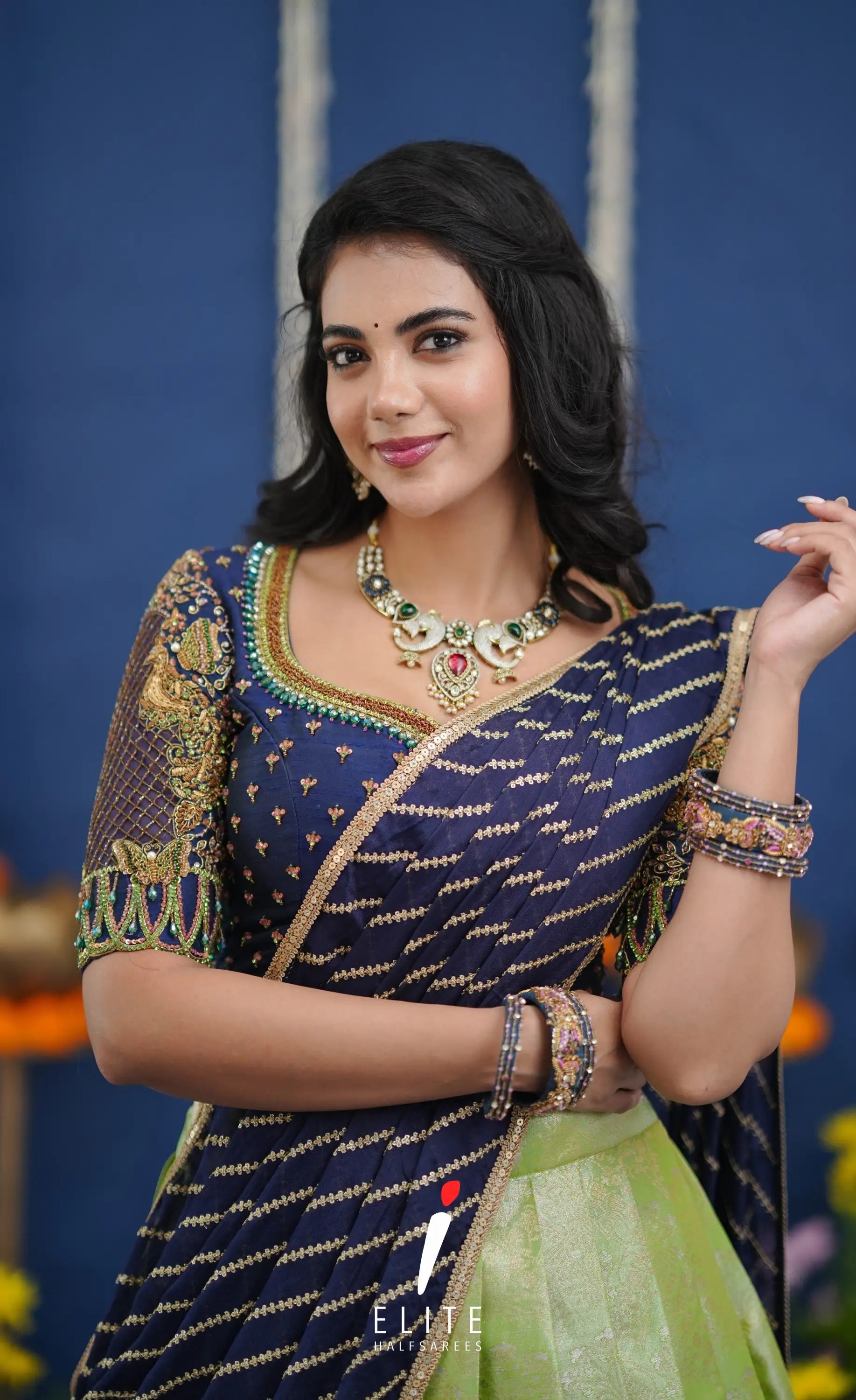 Amethyst Aari Handworked Bridal Lehenga - Pista green and Dark blue Half Sarees