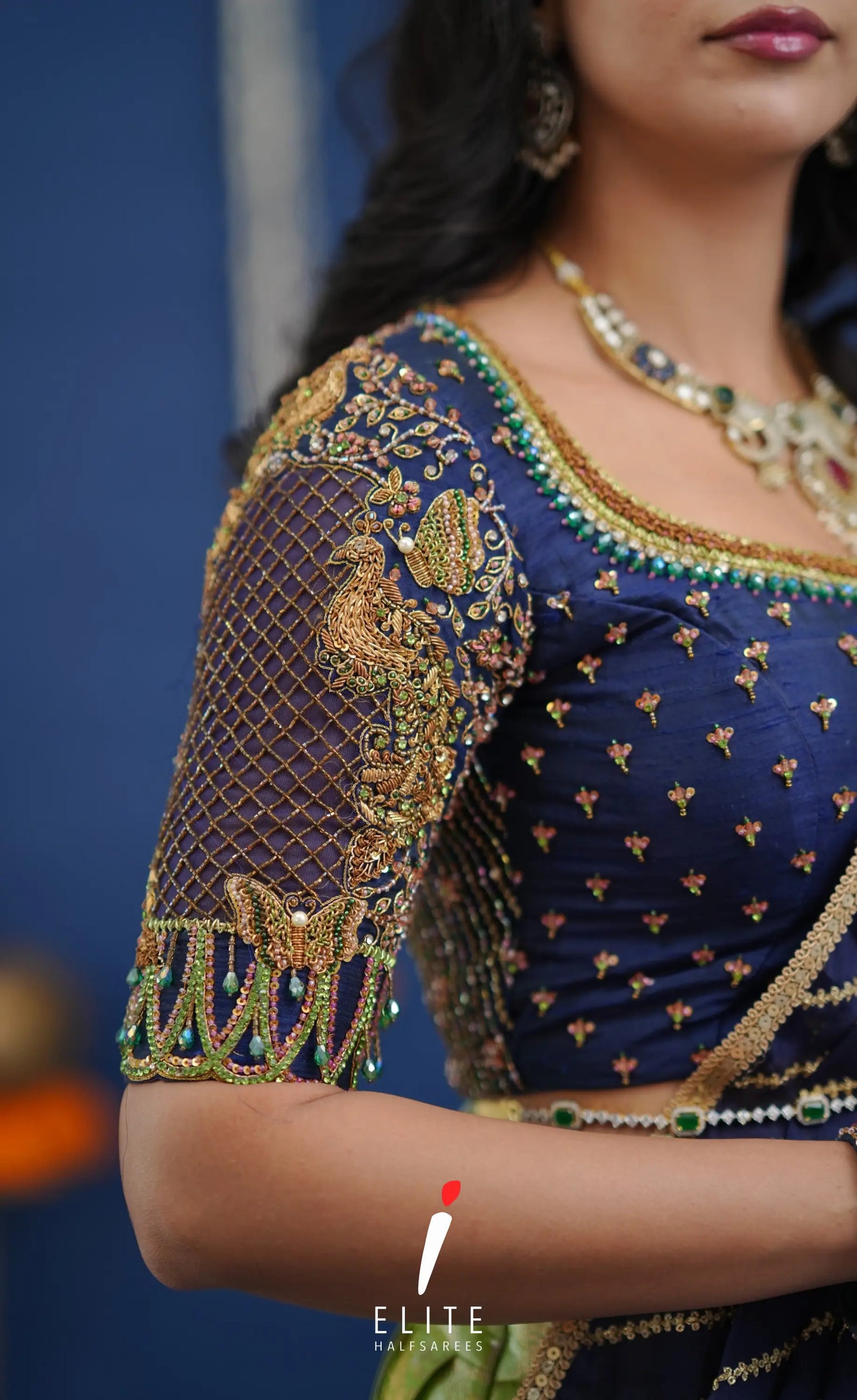 Amethyst Aari Handworked Bridal Lehenga - Pista green and Dark blue Half Sarees