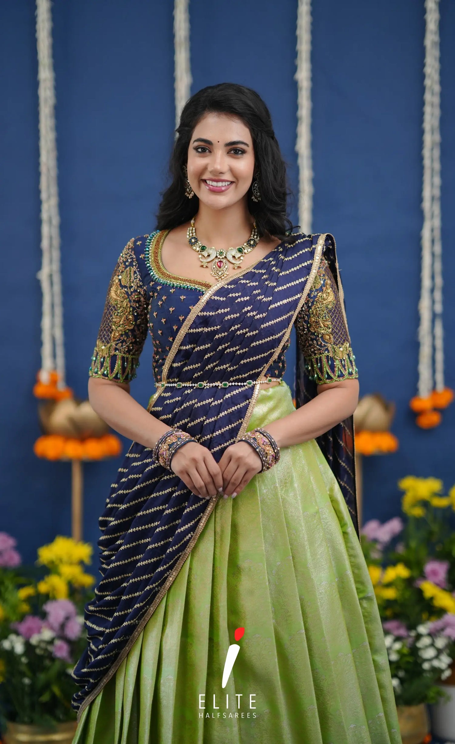 Amethyst Aari Handworked Bridal Lehenga - Pista green and Dark blue Half Sarees