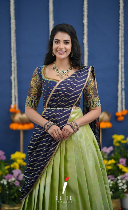 Amethyst Aari Handworked Bridal Lehenga - Pista green and Dark blue Half Sarees