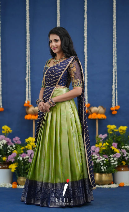 Amethyst Aari Handworked Bridal Lehenga - Pista green and Dark blue Half Sarees