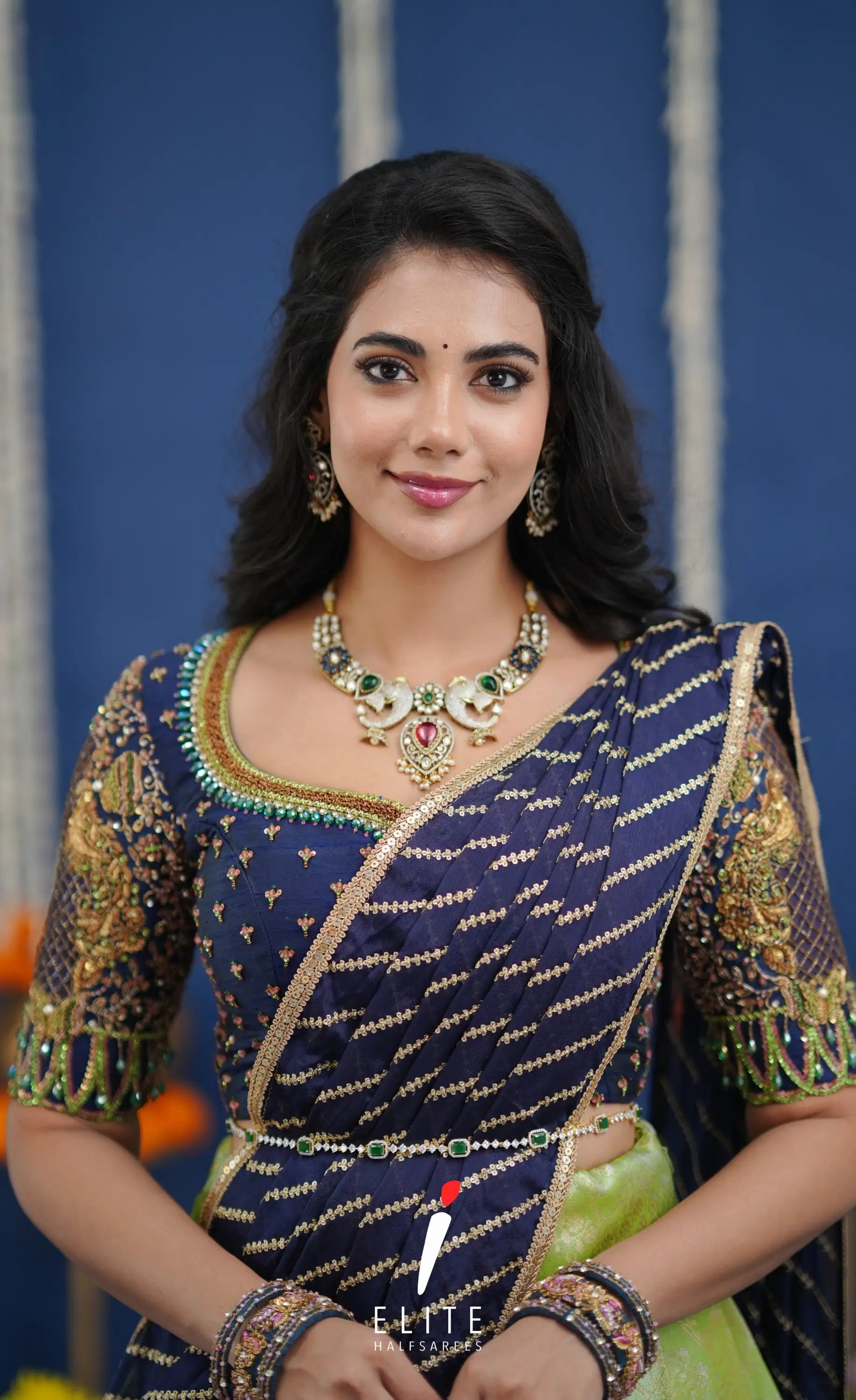 Amethyst Aari Handworked Bridal Lehenga - Pista green and Dark blue Half Sarees