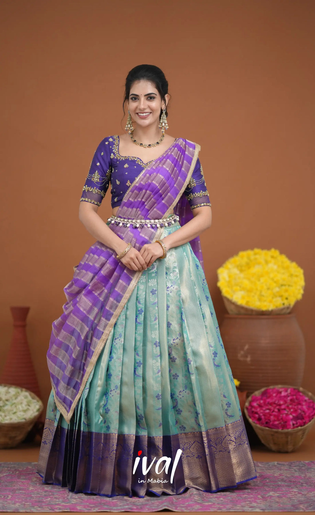 Amethyst Aari Handworked Bridal Lehenga - Sky Blue and Purple Half Sarees