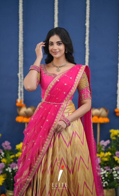 Amethyst Aari Handworked Bridal Lehenga - Yellow and Hot pink Half Sarees
