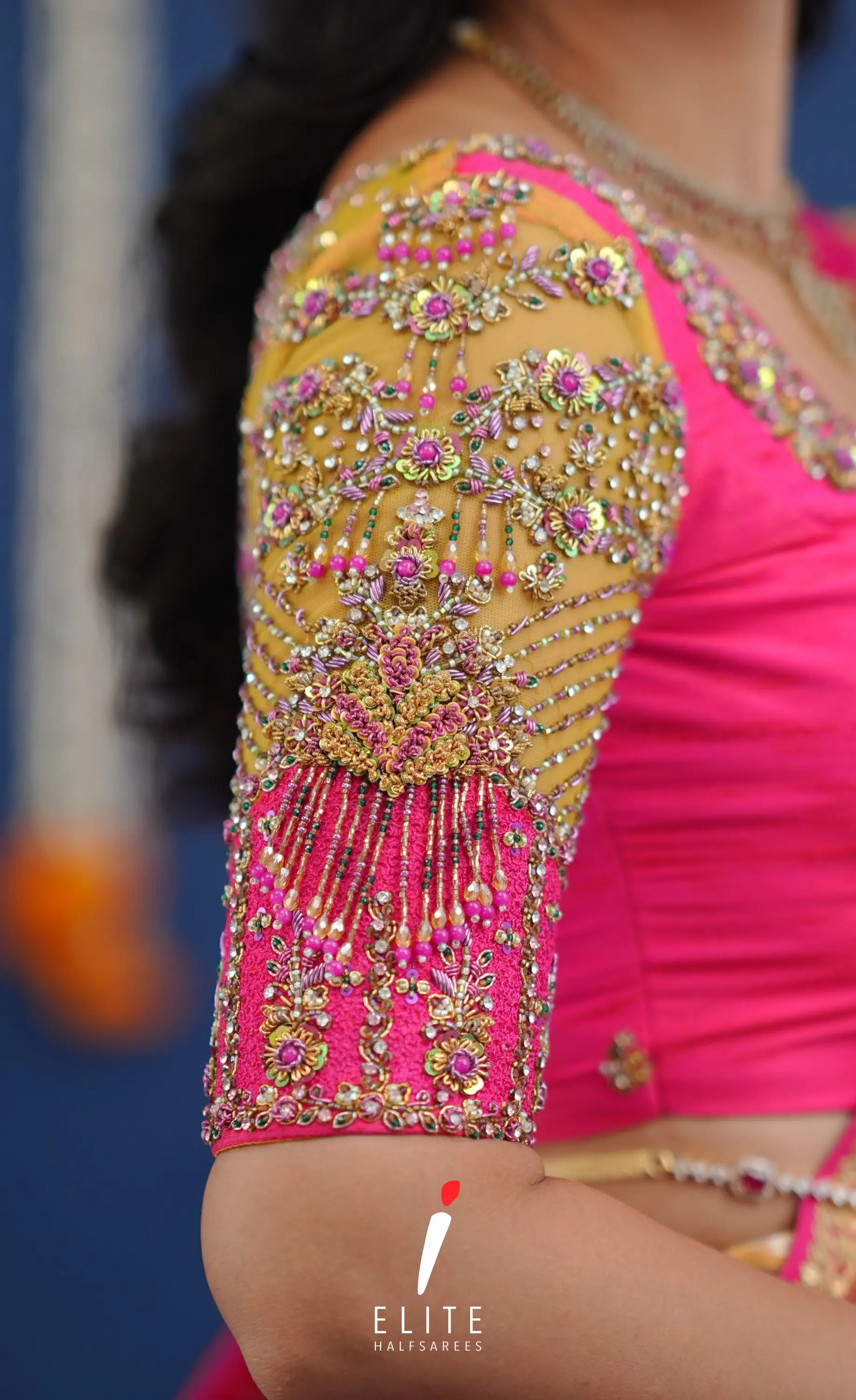 Amethyst Aari Handworked Bridal Lehenga - Yellow and Hot pink Half Sarees