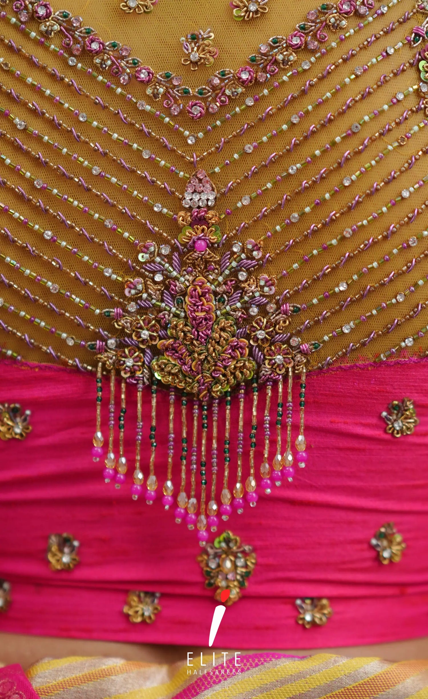Amethyst Aari Handworked Bridal Lehenga - Yellow and Hot pink Half Sarees