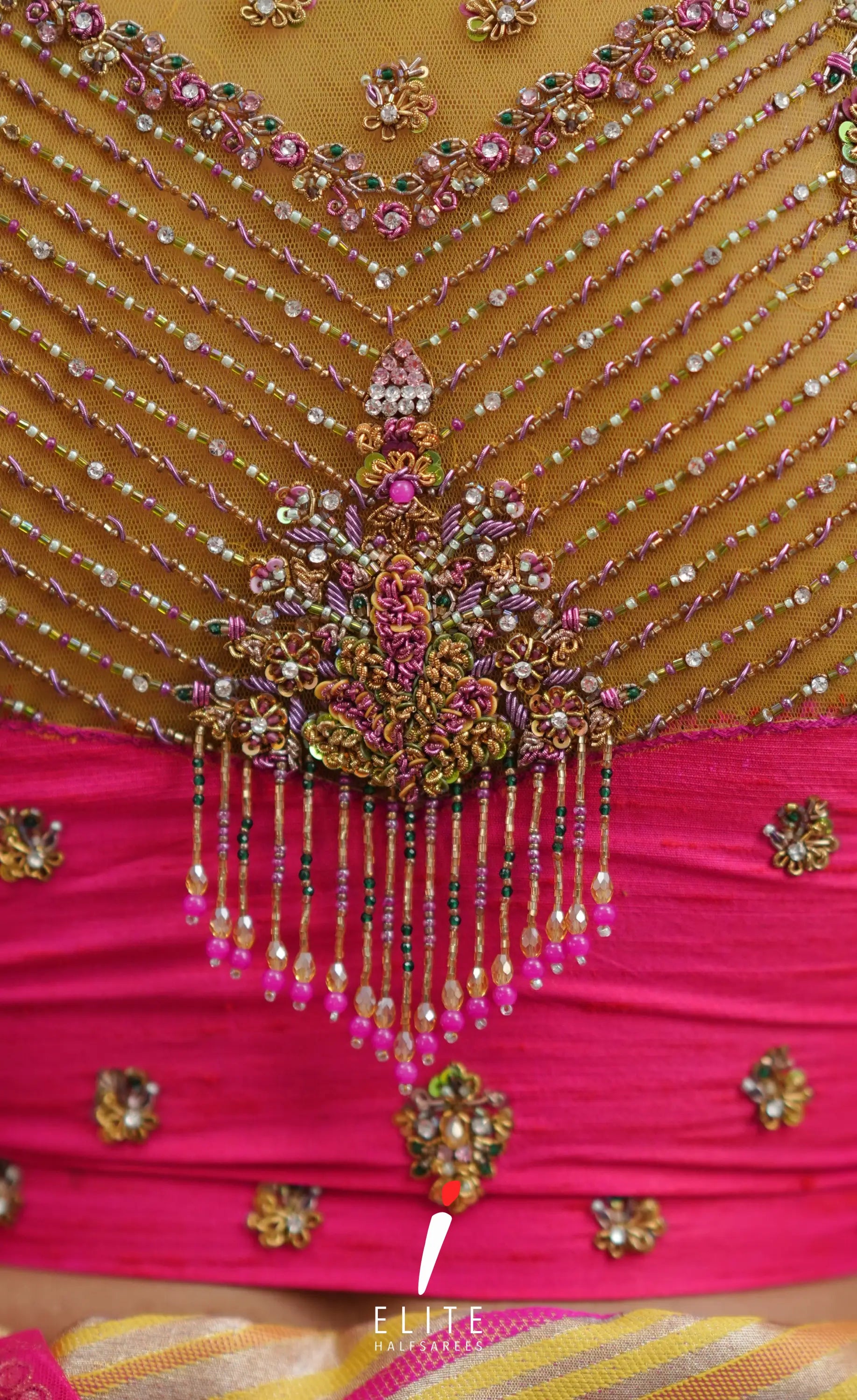 Amethyst Aari Handworked Bridal Lehenga - Yellow and Hot pink Half Sarees