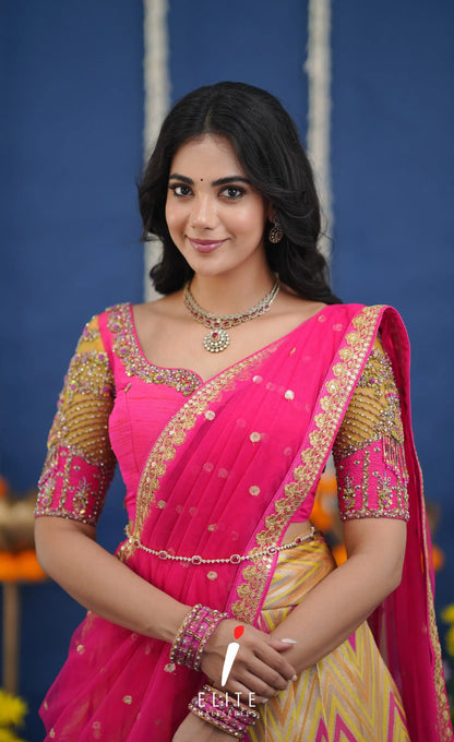 Amethyst Aari Handworked Bridal Lehenga - Yellow and Hot pink Half Sarees