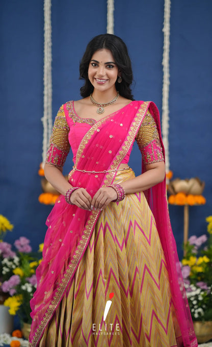 Amethyst Aari Handworked Bridal Lehenga - Yellow and Hot pink Half Sarees