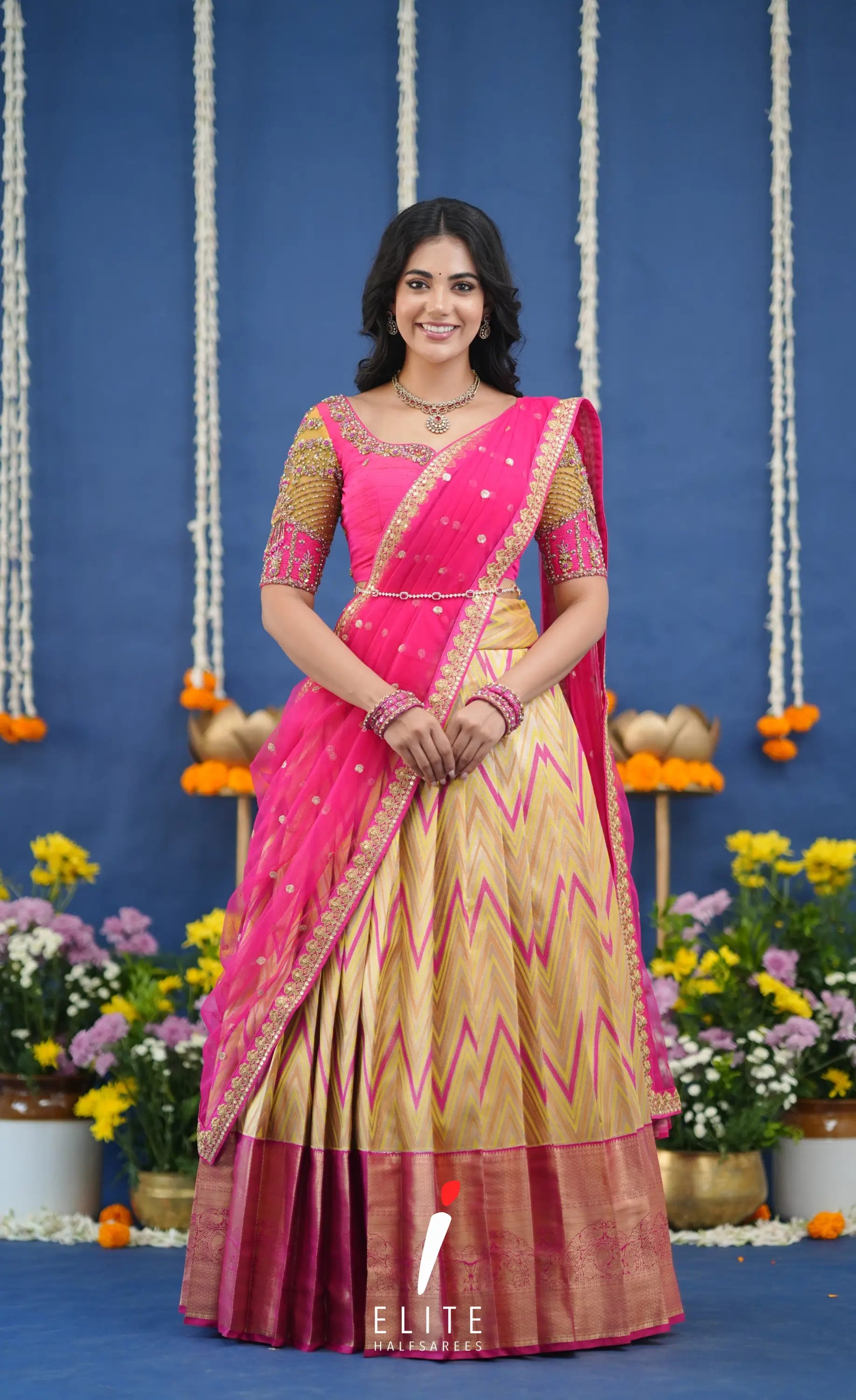 Amethyst Aari Handworked Bridal Lehenga - Yellow and Hot pink Half Sarees