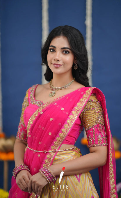 Amethyst Aari Handworked Bridal Lehenga - Yellow and Hot pink Half Sarees