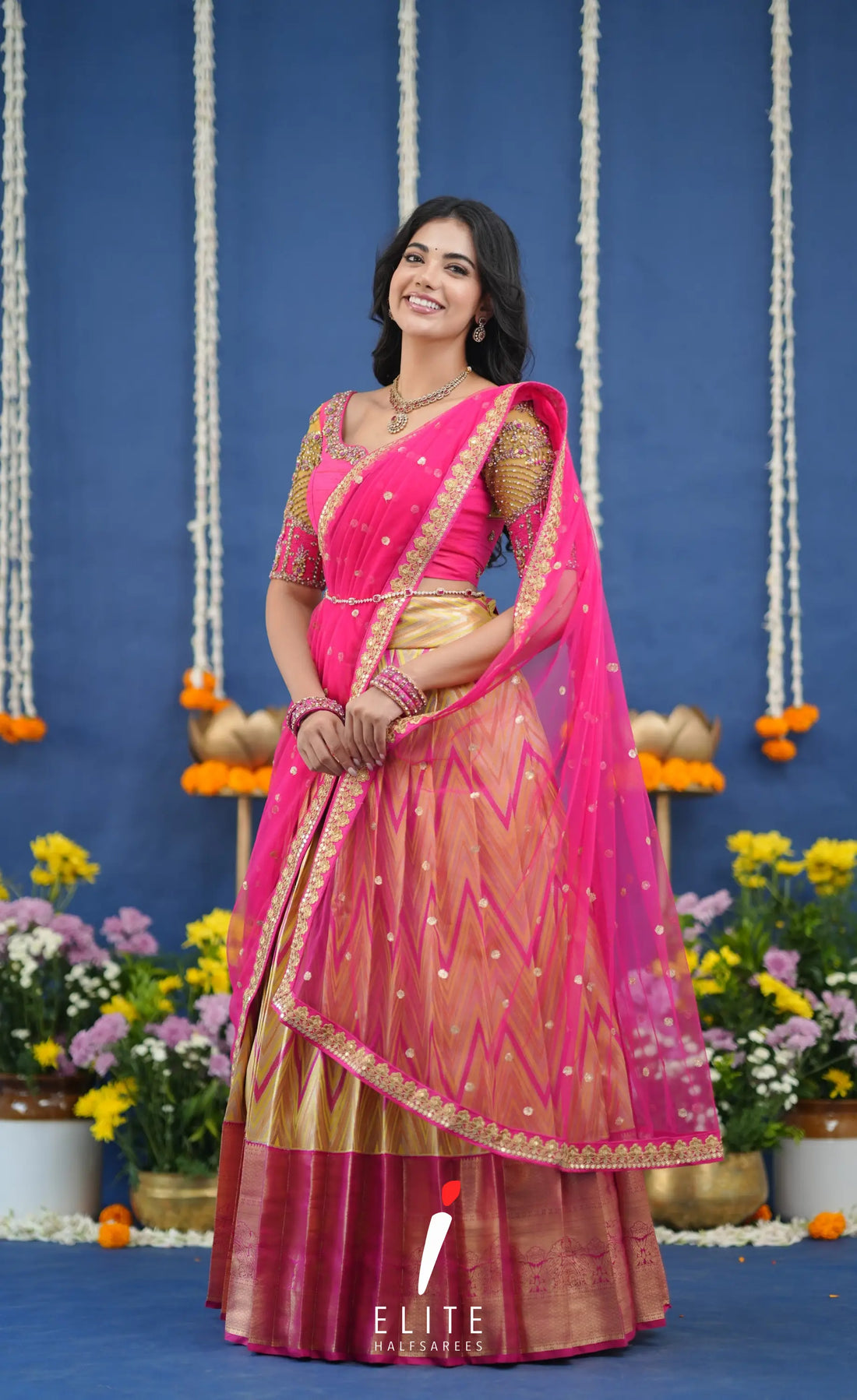 Amethyst Aari Handworked Bridal Lehenga - Yellow and Hot pink Half Sarees
