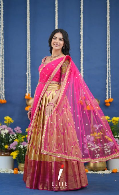 Amethyst Aari Handworked Bridal Lehenga - Yellow and Hot pink Half Sarees