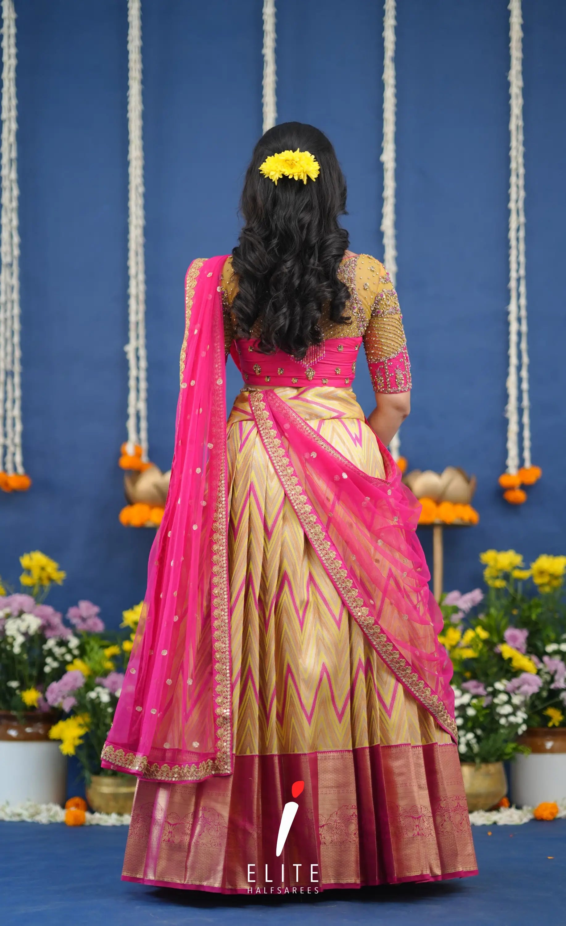 Amethyst Aari Handworked Bridal Lehenga - Yellow and Hot pink Half Sarees
