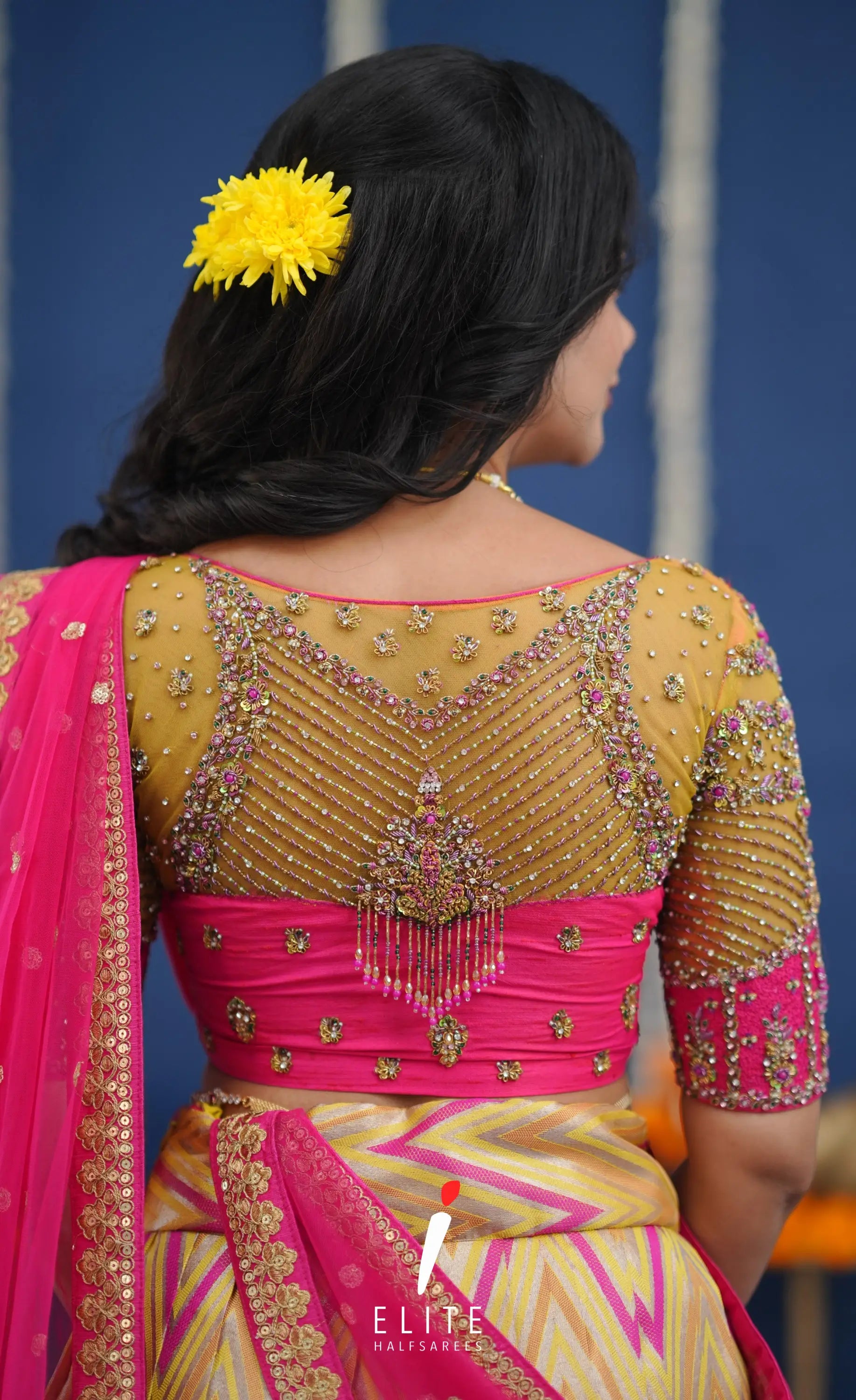 Amethyst Aari Handworked Bridal Lehenga - Yellow and Hot pink Half Sarees