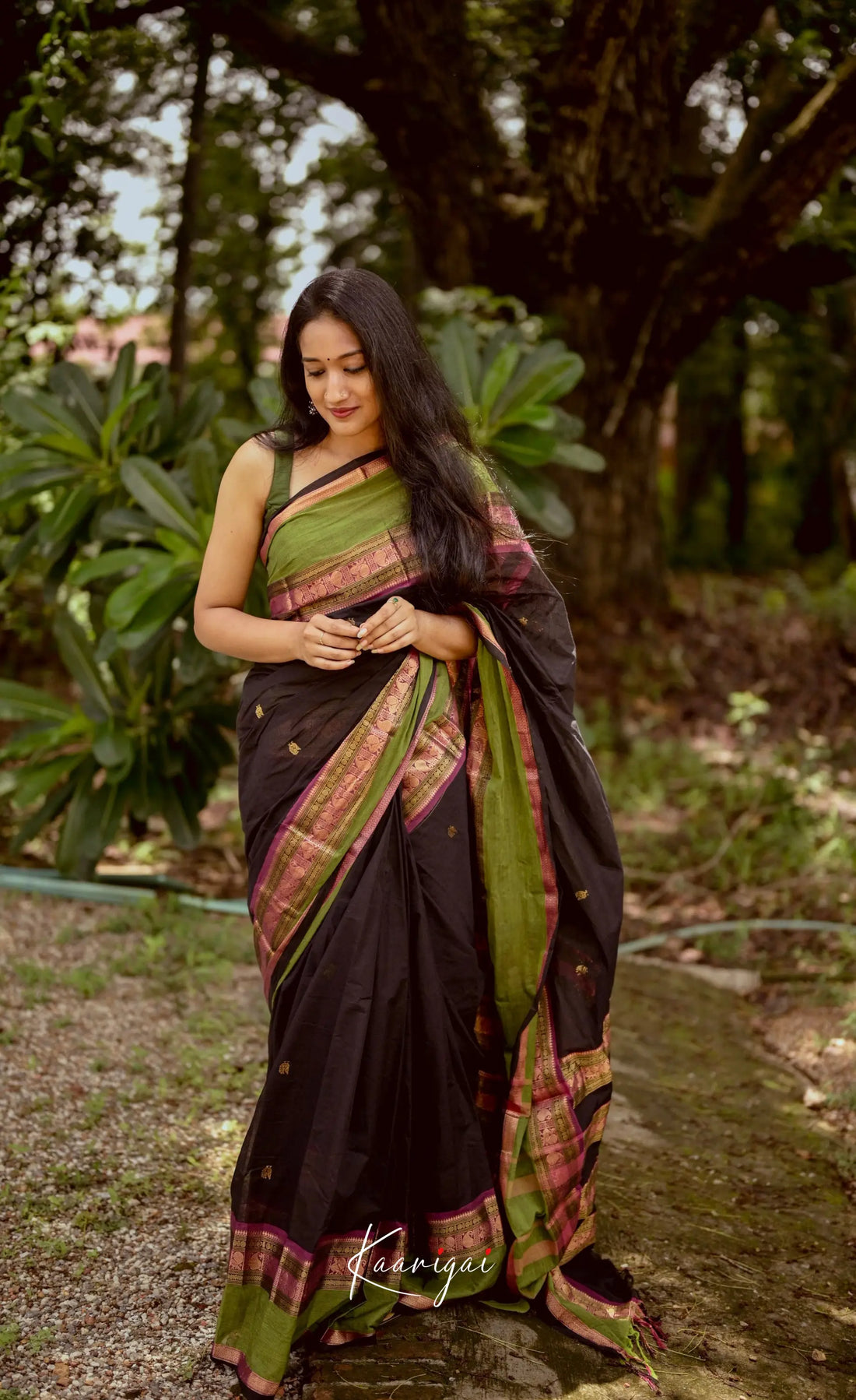 Annapakshi - Dark Brown And Light Green Kanchi Cotton Saree Sarees