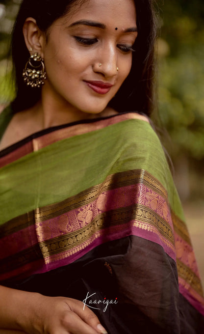 Annapakshi - Dark Brown And Light Green Kanchi Cotton Saree Sarees