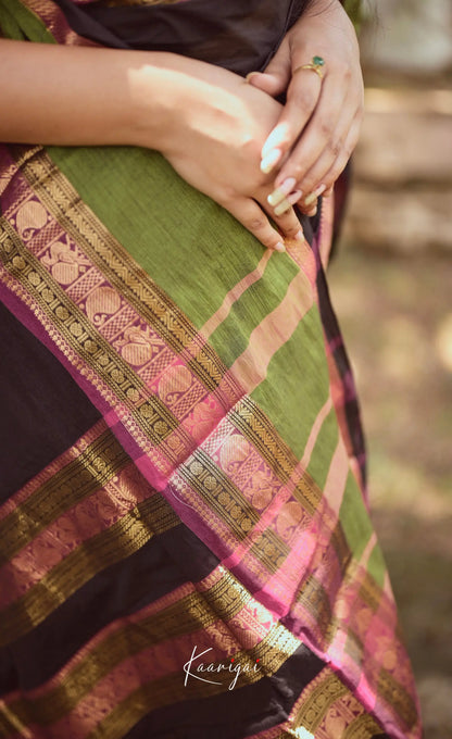 Annapakshi - Dark Brown And Light Green Kanchi Cotton Saree Sarees