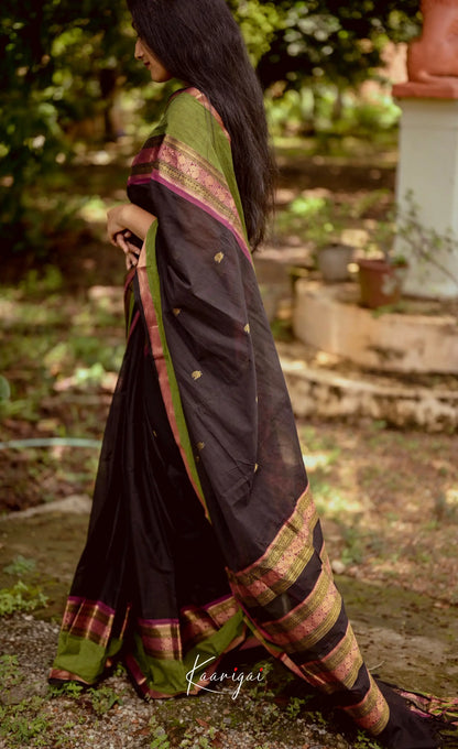 Annapakshi - Dark Brown And Light Green Kanchi Cotton Saree Sarees