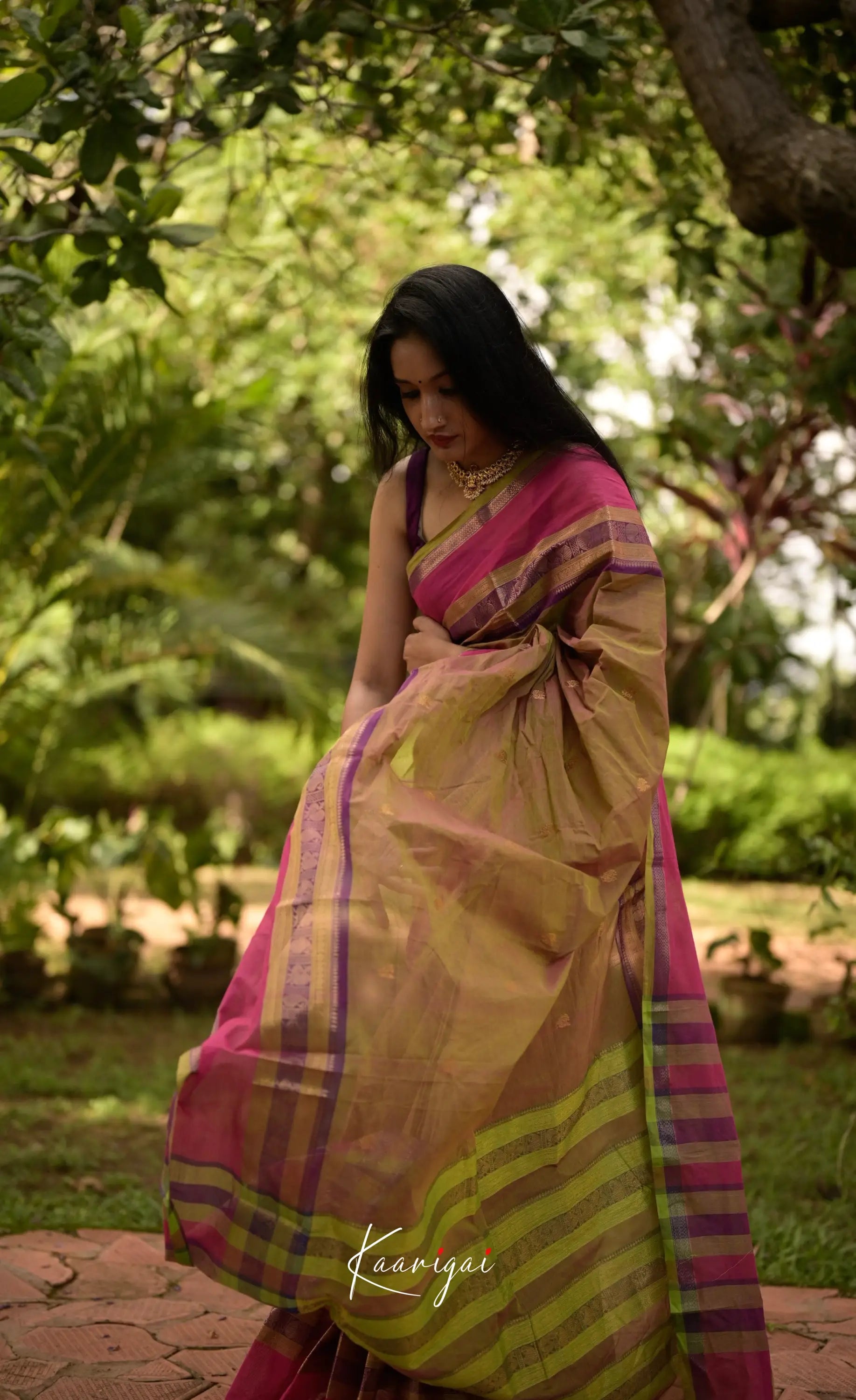 Annapakshi - Henna Green And Pink Kanchi Cotton Saree Sarees