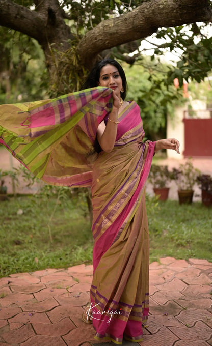 Annapakshi - Henna Green And Pink Kanchi Cotton Saree Sarees