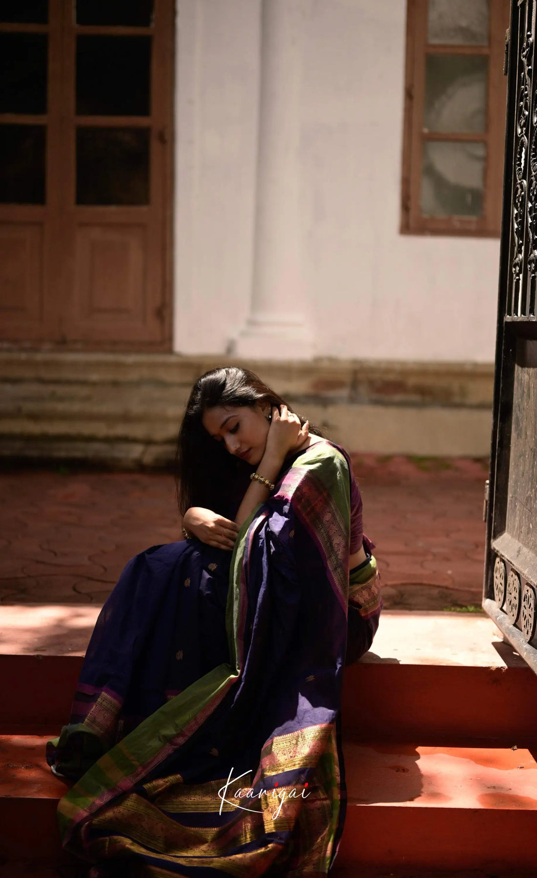 Annapakshi - Navy Blue And Olive Green Kanchi Cotton Saree Sarees