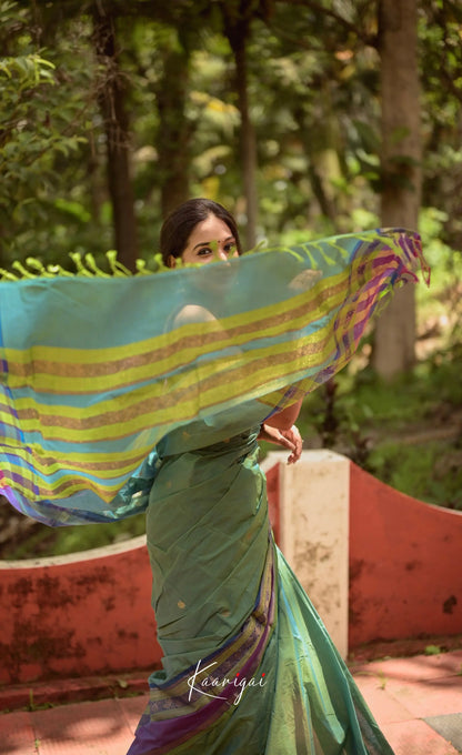 Annapakshi - Sea Green And Purple Kanchi Cotton Saree Sarees