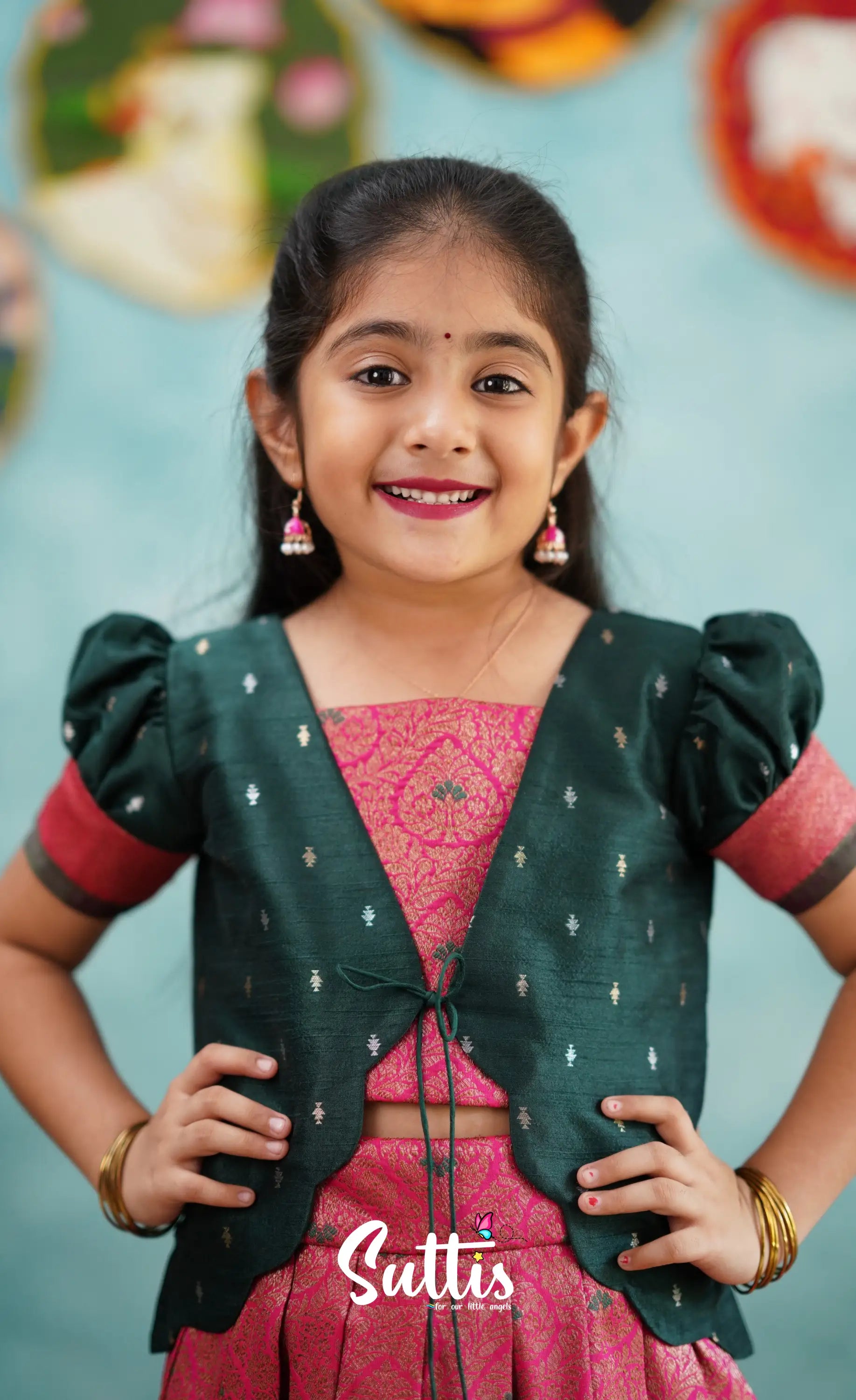 Antara - Bright Pink Tone And Dark Green Shade Pavadai Sattai Kids-Suttis