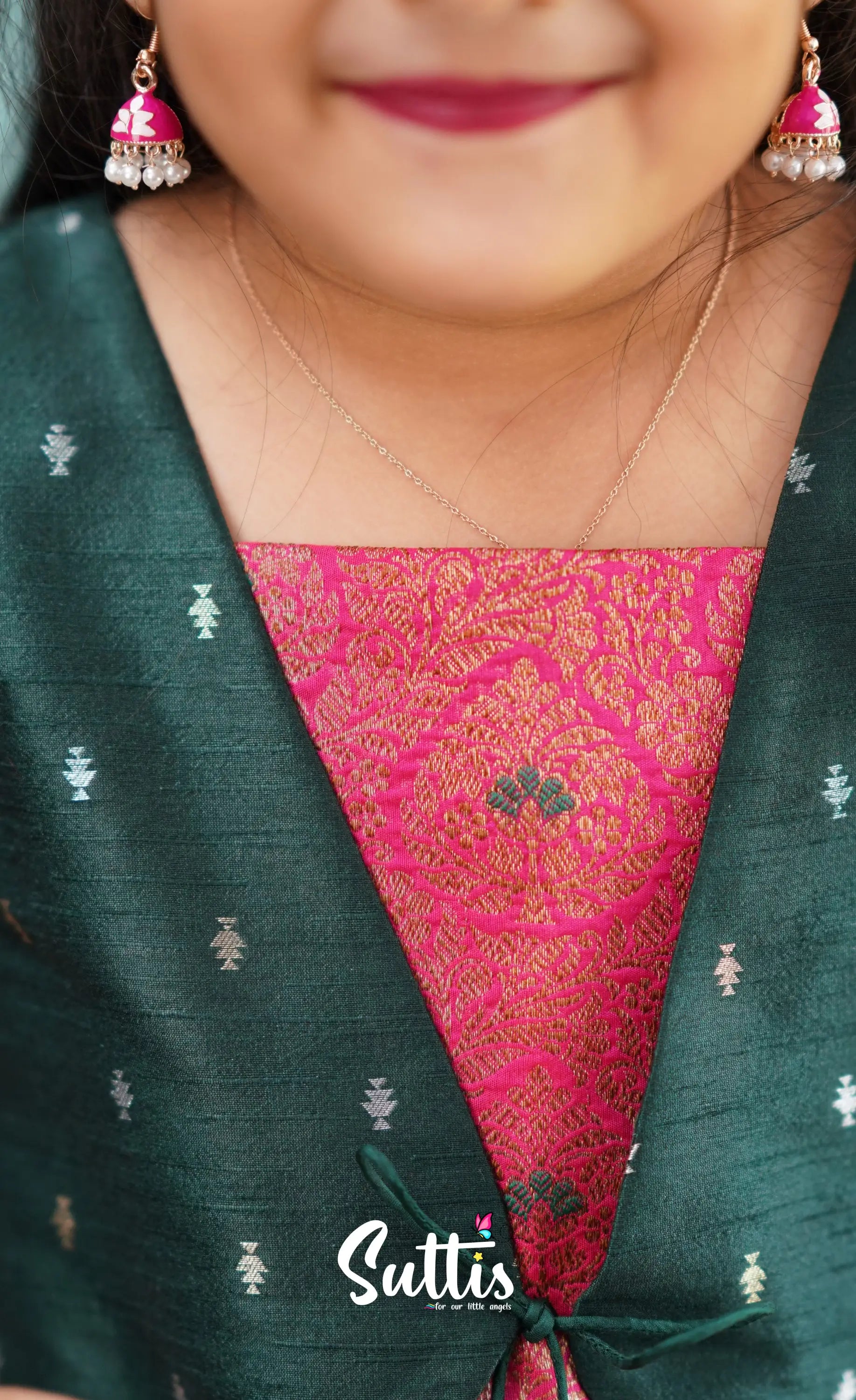 Antara - Bright Pink Tone And Dark Green Shade Pavadai Sattai Kids-Suttis