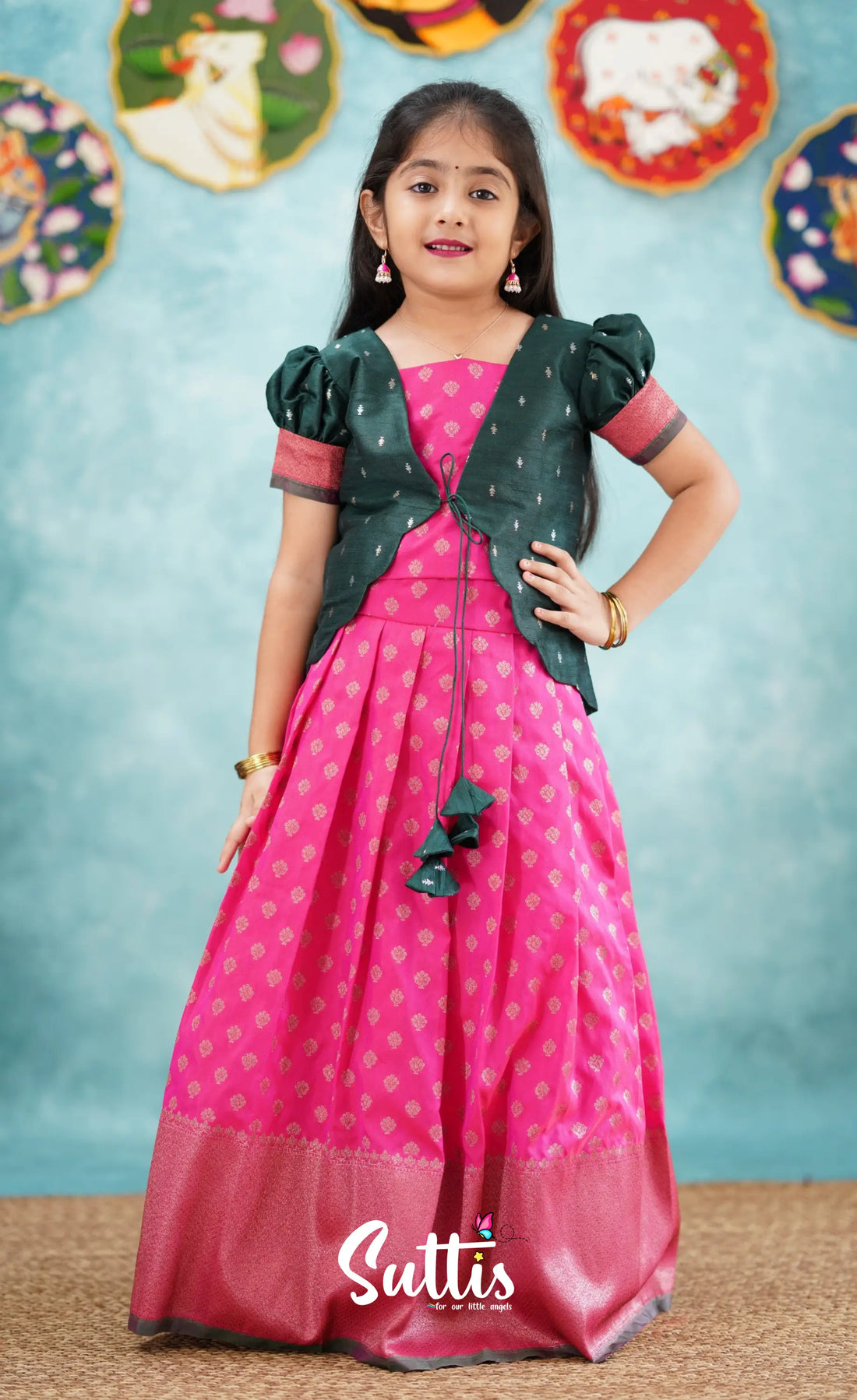 Antara - Bright Pink Tone And Dark Green Shade Pavadai Sattai Kids-Suttis