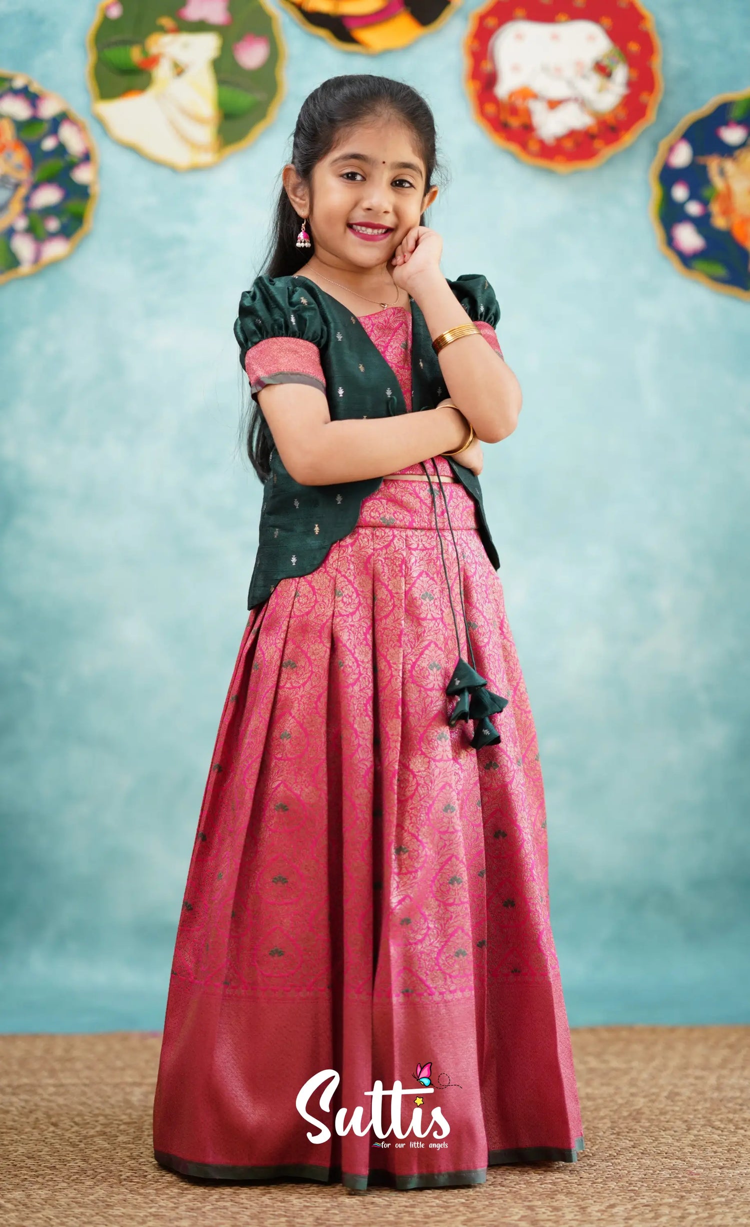 Antara - Bright Pink Tone And Dark Green Shade Pavadai Sattai Kids-Suttis