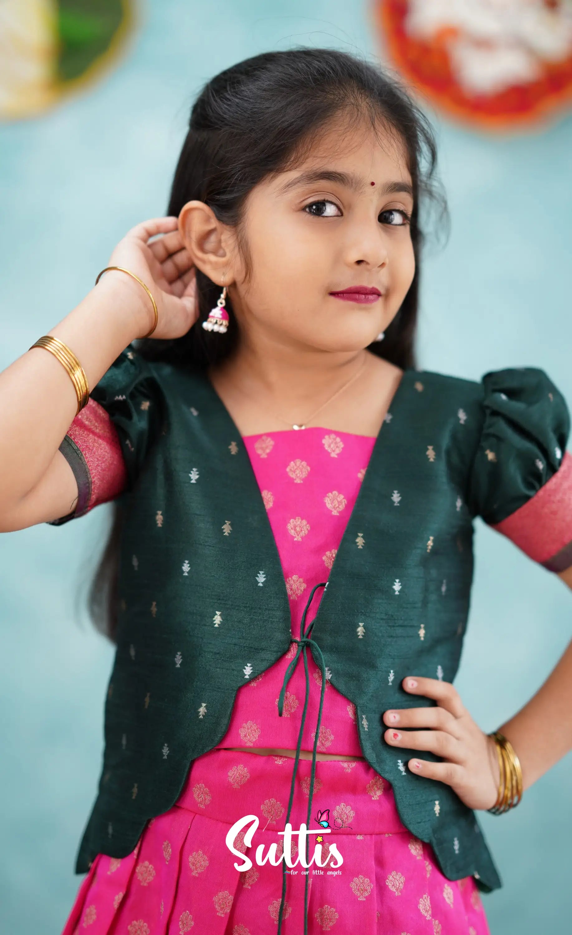 Antara - Bright Pink Tone And Dark Green Shade Pavadai Sattai Kids-Suttis